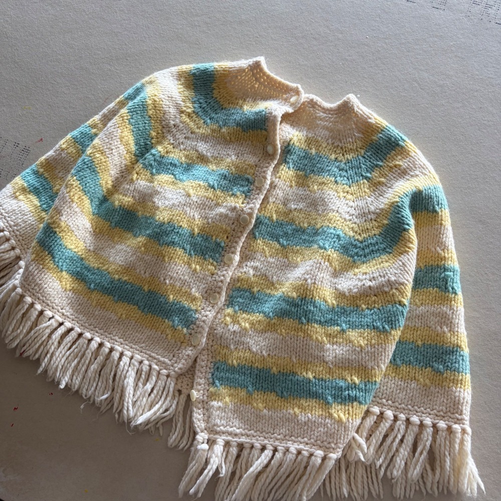 Vintage 80s Knit Striped Fringe Cardigan Poncho Sweater